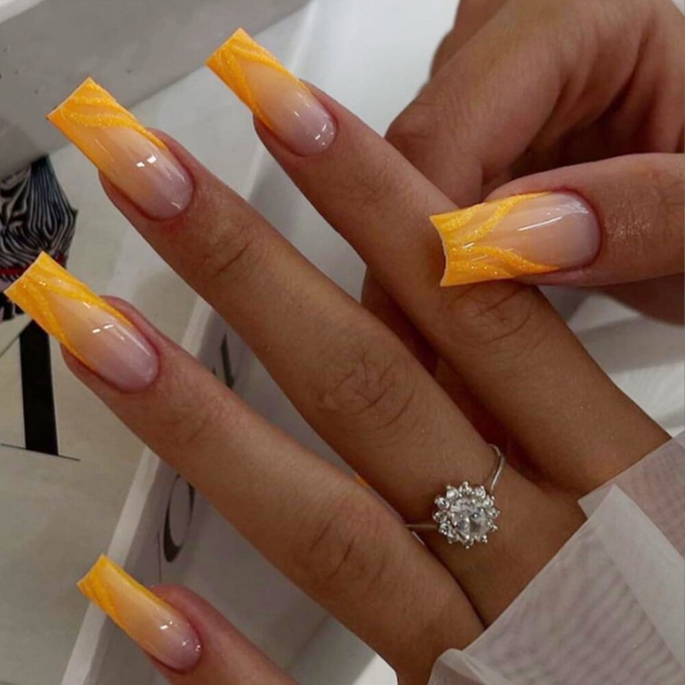 24pcs Glossy Long Square Fake Nails, Yellow Gradient Press On Nails With Glitter